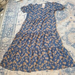 Blue Floral Tiered Midi Dress with Tan Print